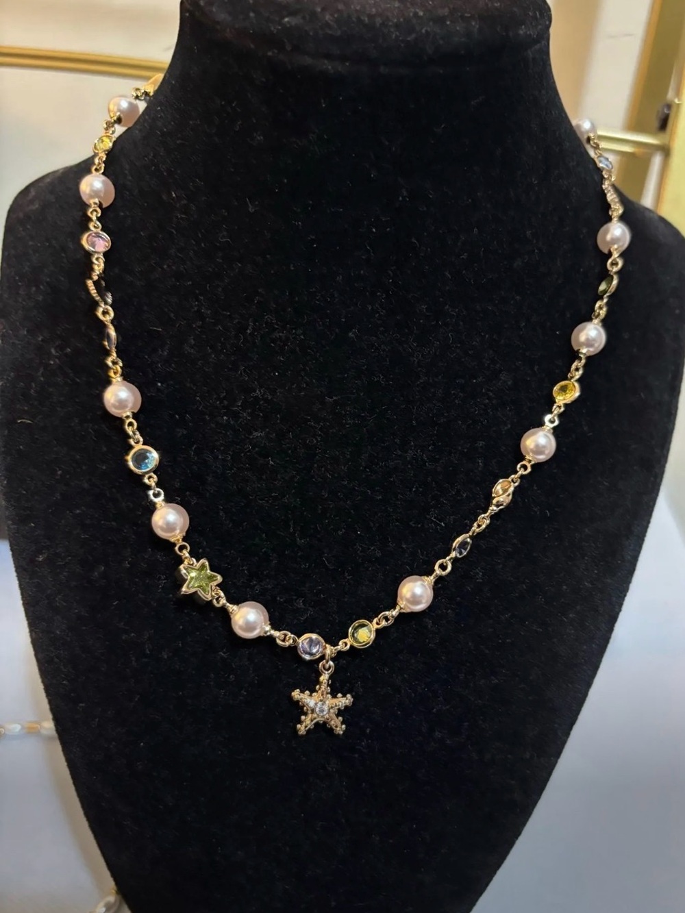 Coach Gold-Tone Pearl Necklace with Star & Multicolor Crystals